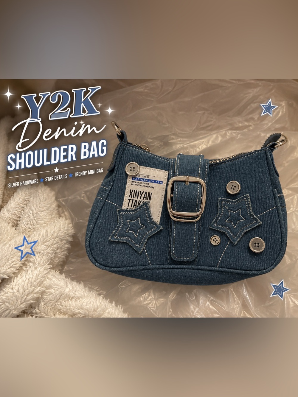 Y2K Denim Mini Shoulder Bag Star Patch Buckle Purse Blue Jean Bag
